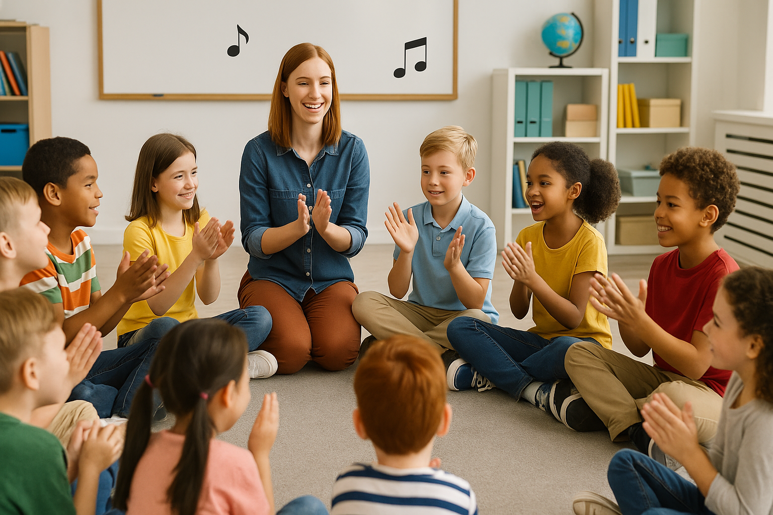Enfants en cercle avec l'animatrice qui lance un jeu de clapping