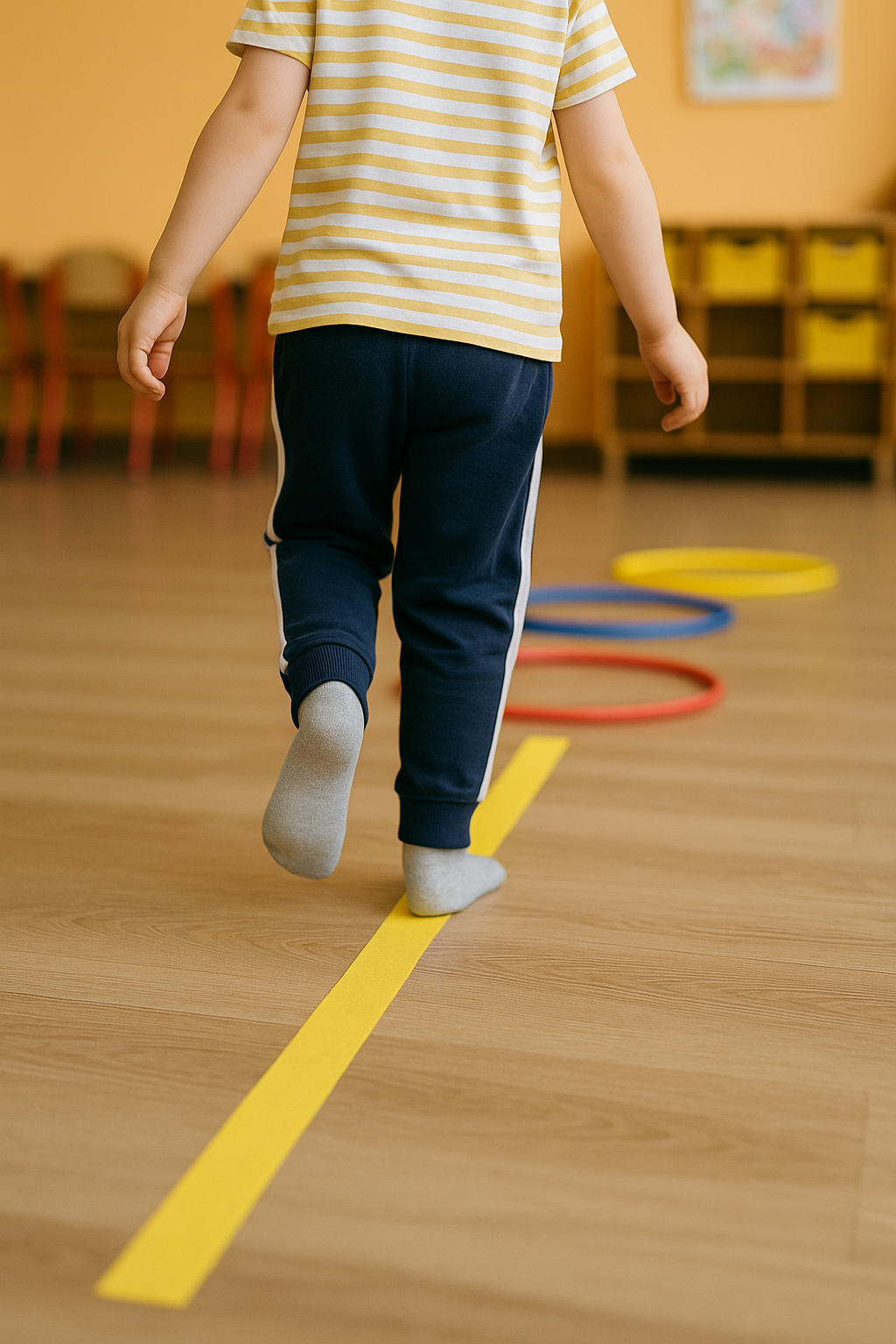 Enfant qui marche en équilibre sur une bande jaune au sol, cerceaux colorés en arrière-plan.