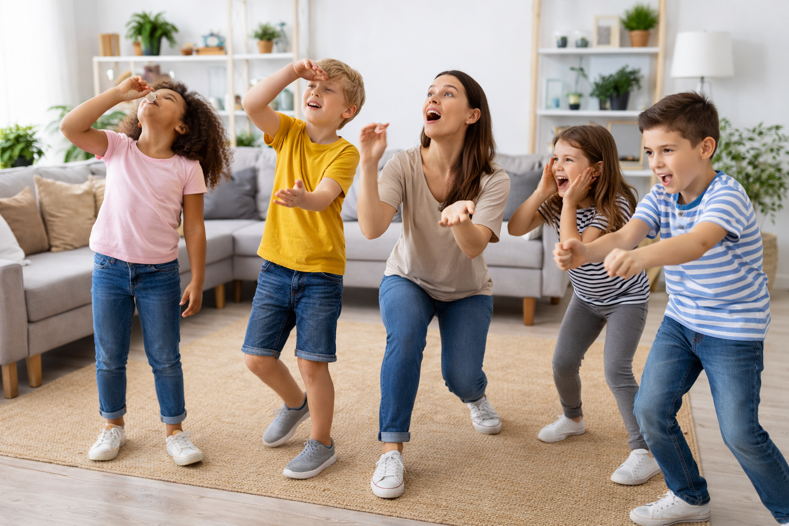 Jeux de langage et d'écoute sans matériel : enfants qui se posent des questions en intérieur