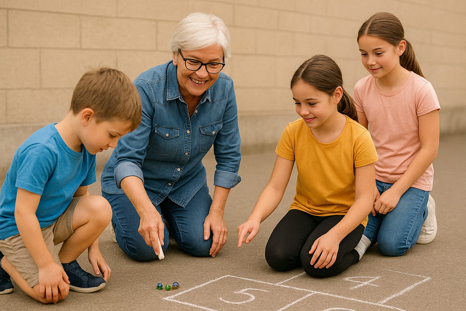 Grand-mère explique la marelle et les billes à des enfants