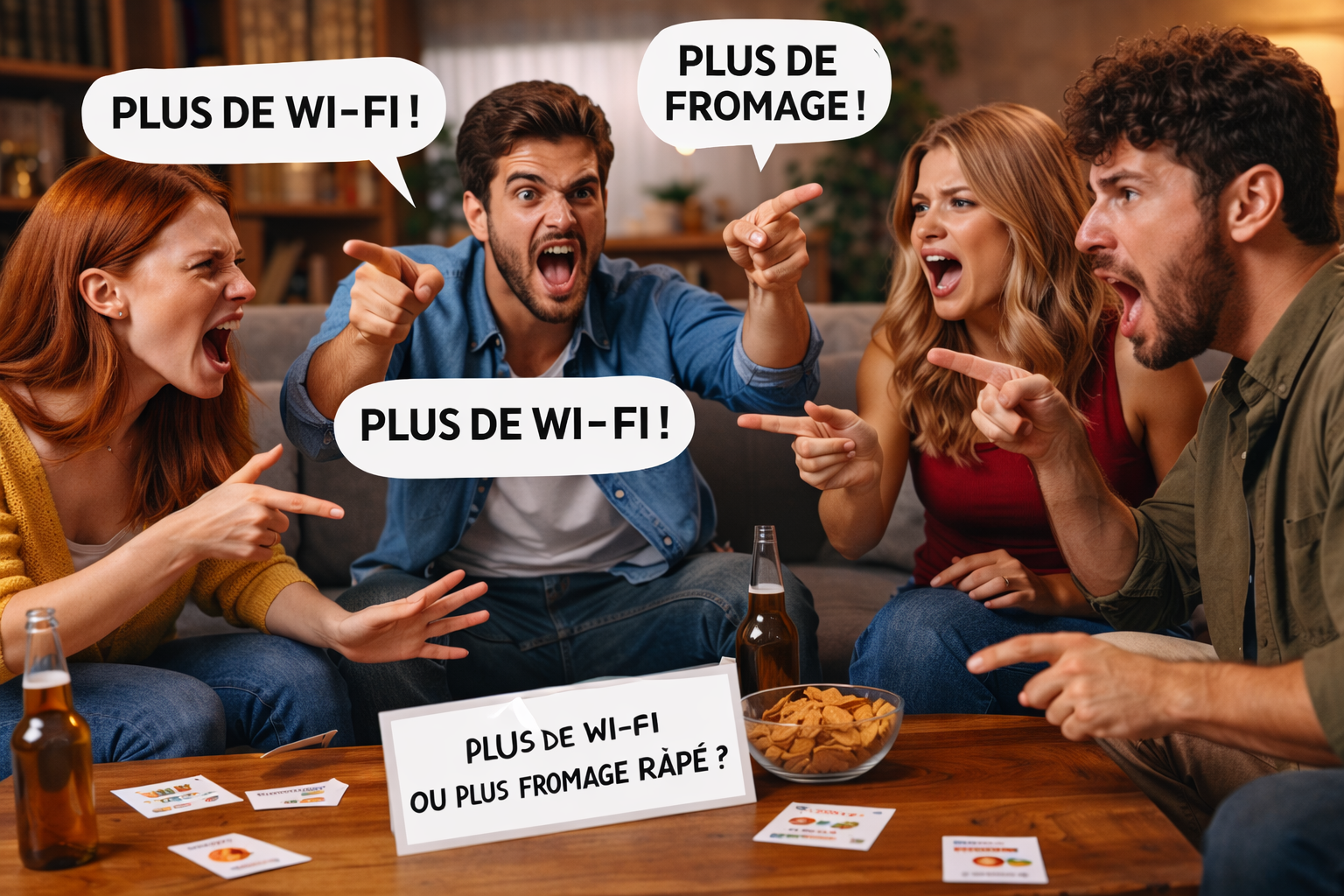 Débat absurde entre amis pendant un quiz drôle