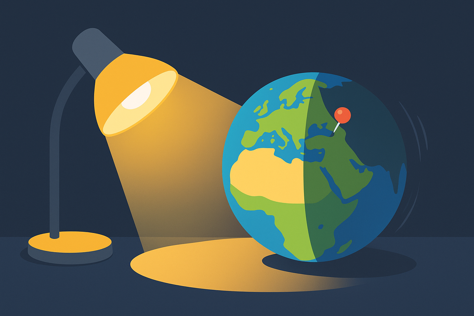 Lampe éclairant un globe : une moitié éclairée, l’autre dans l’ombre pour montrer le jour et la nuit.