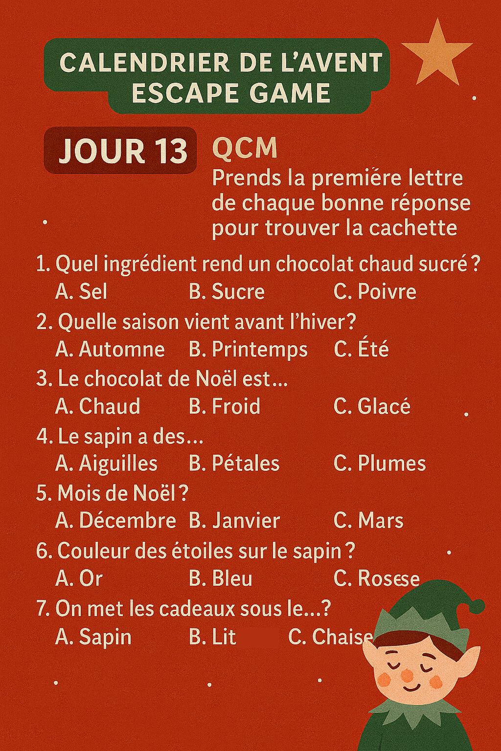 Calendrier de l'Avent Escape Game - Jour 13 - QCM dont les initiales donnent la cachette