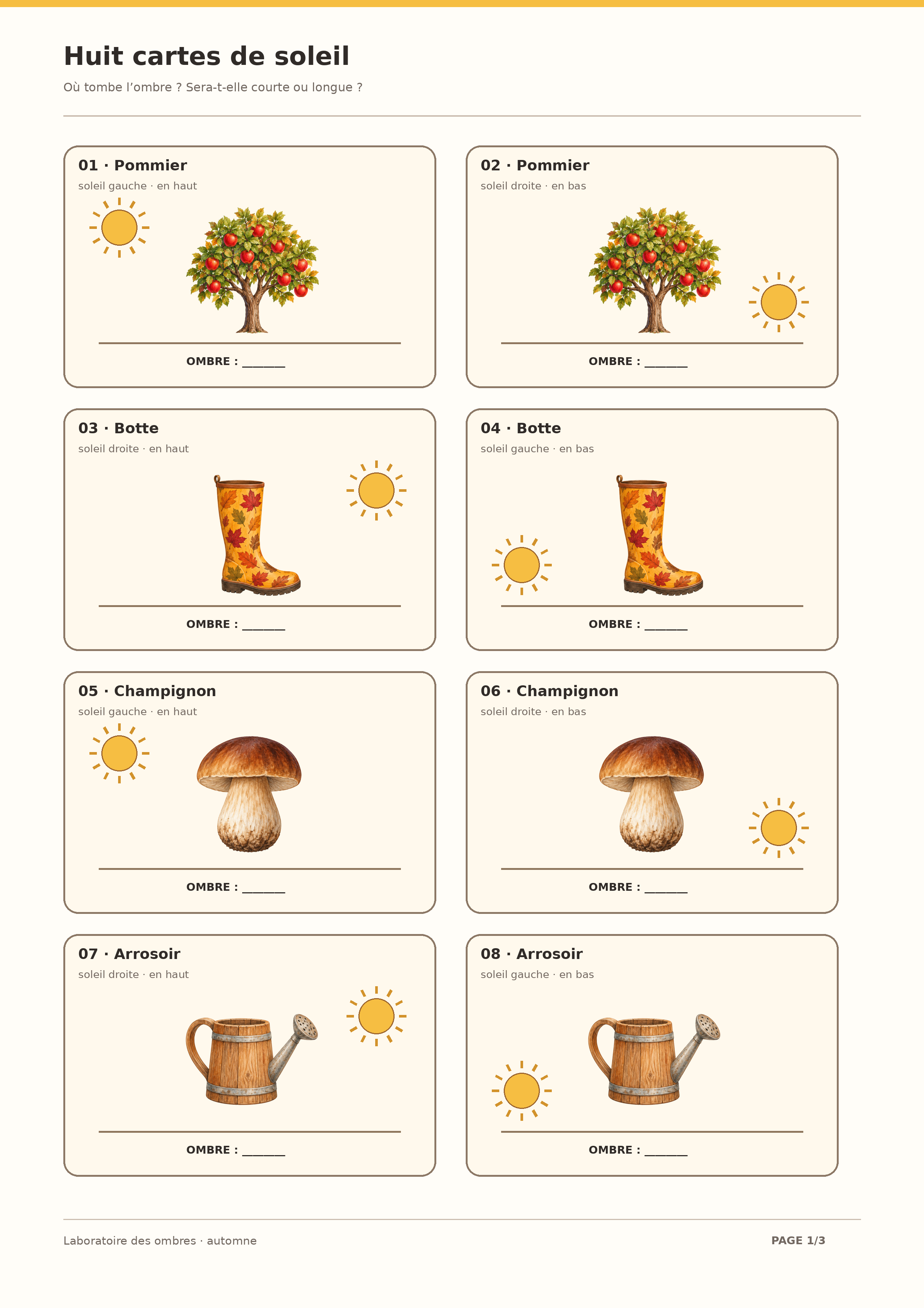 Huit scènes numérotées avec pommier botte champignon ou arrosoir et soleil à différentes positions