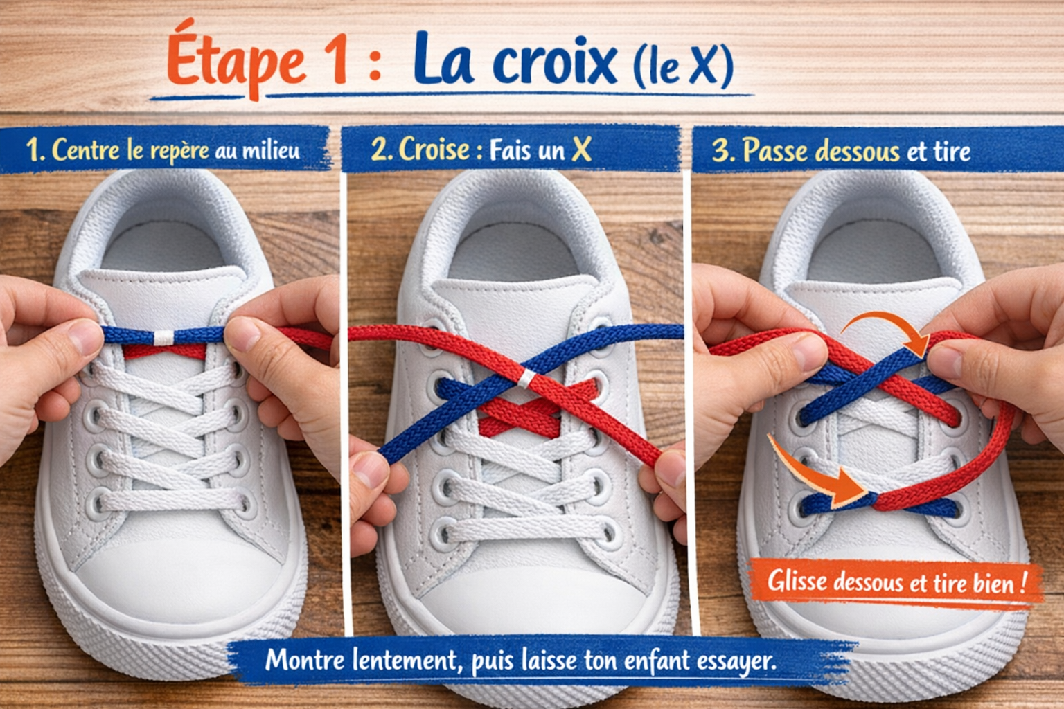 Étape 1 : la croix (le X) pour lacer ses chaussures Montessori