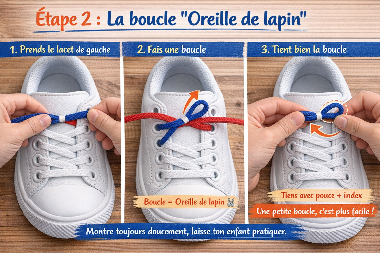 Étape 2 : la boucle oreille de lapin Montessori