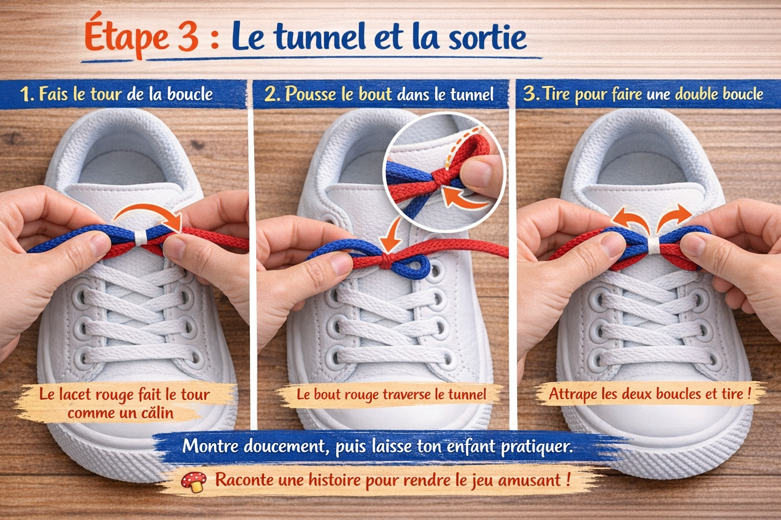Étape 3 : tunnel et sortie Montessori pour apprendre les lacets