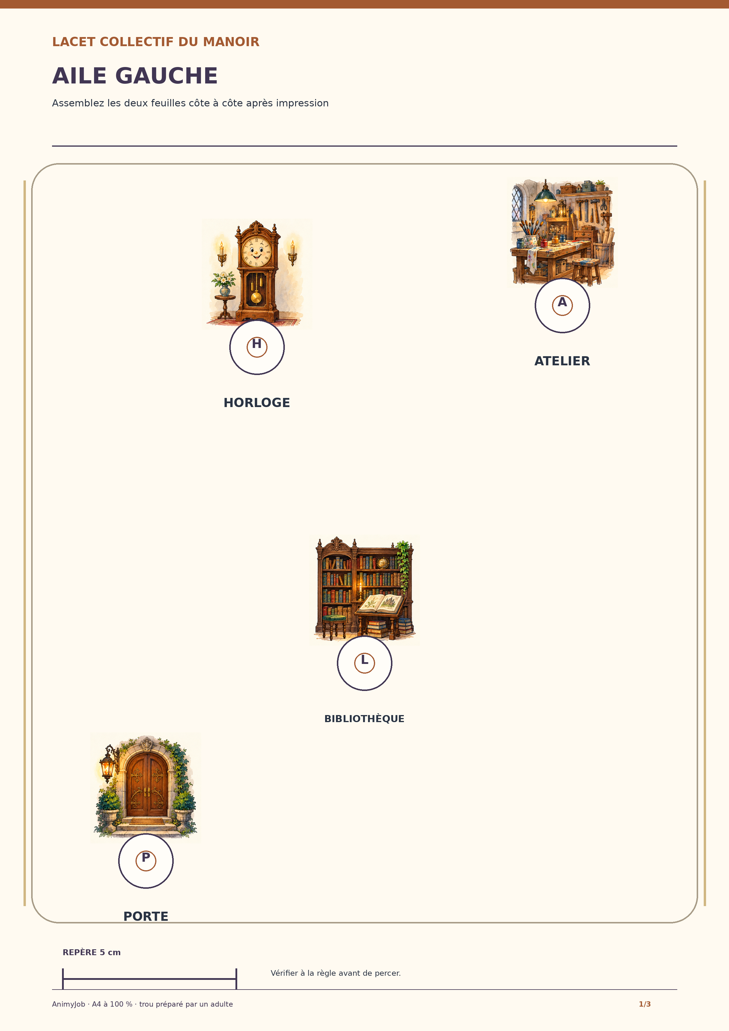 Aile gauche du plateau à lacer : porte, bibliothèque, horloge et atelier avec repères de trous