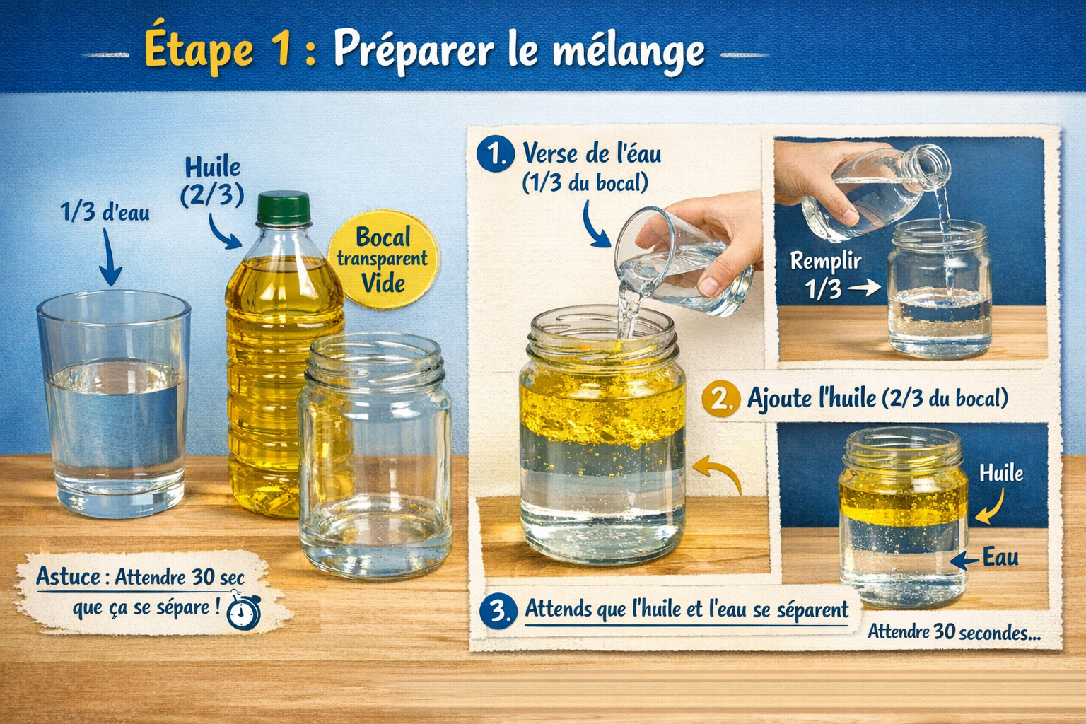 Étape 1 : verser l'huile dans une bouteille transparente pour préparer la lampe à lave maison