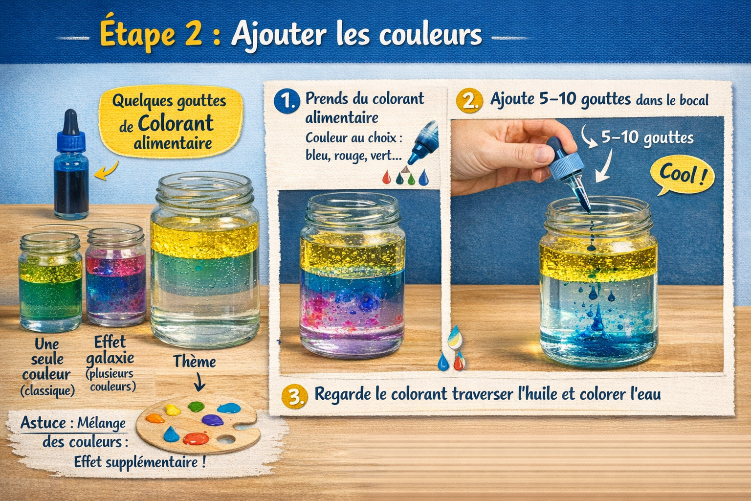 Étape 2 : ajouter l'eau puis le colorant alimentaire dans la bouteille pour l'expérience de lampe à lave