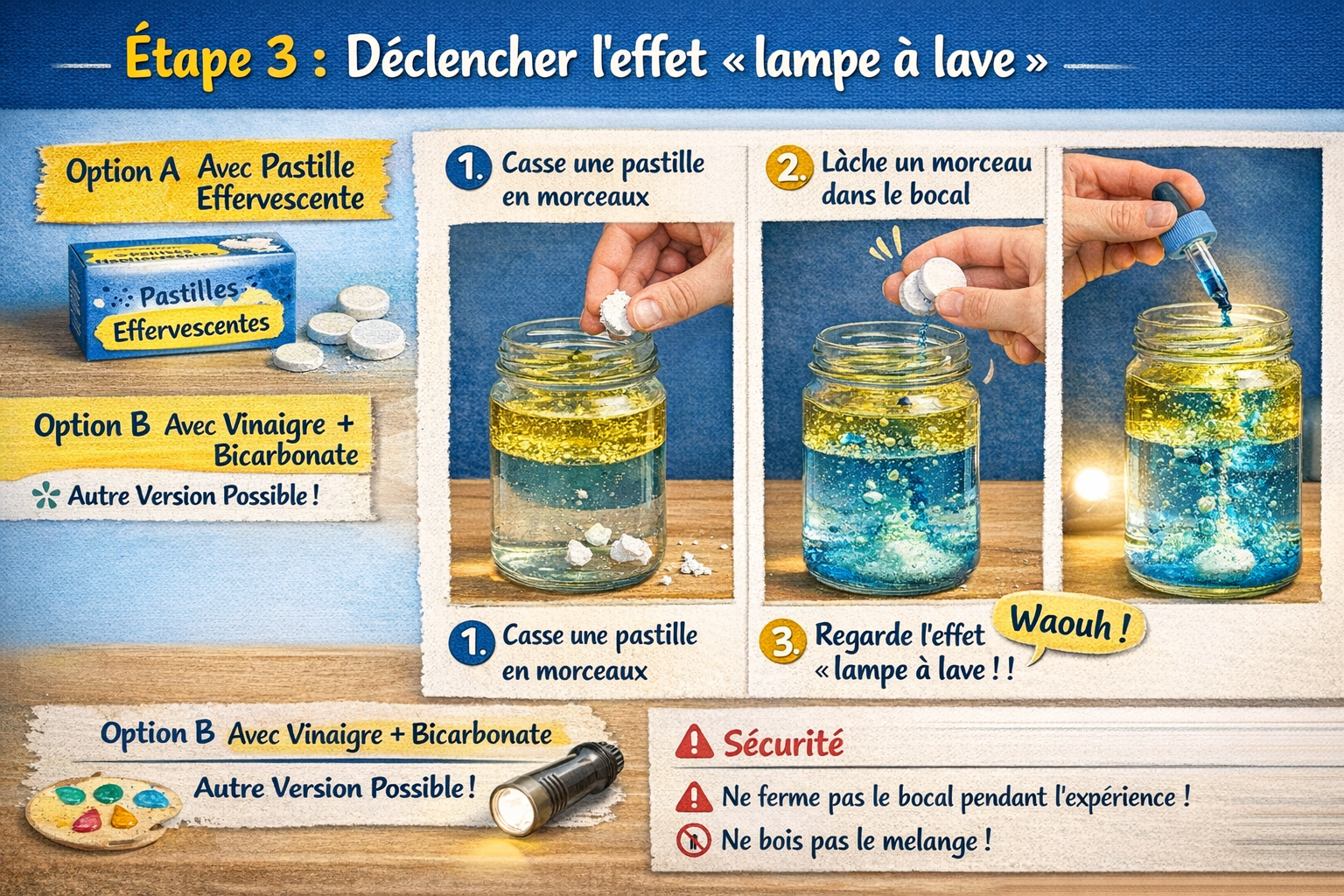 Étape 3 : ajouter un cachet effervescent dans la bouteille pour créer les bulles de la lampe à lave maison