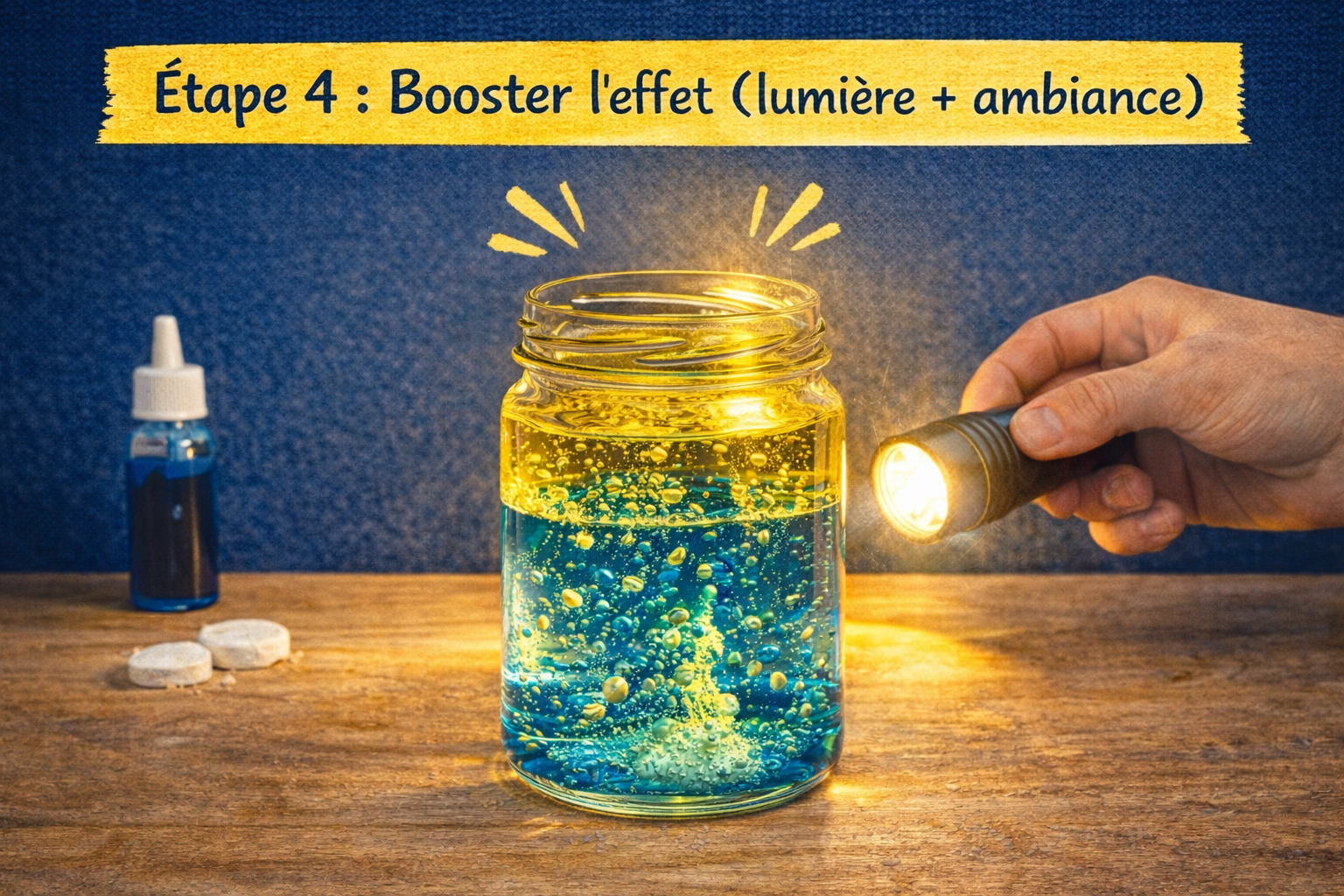 Étape 4 : éclairer la bouteille avec une lampe torche pour un effet lampe à lave plus réaliste