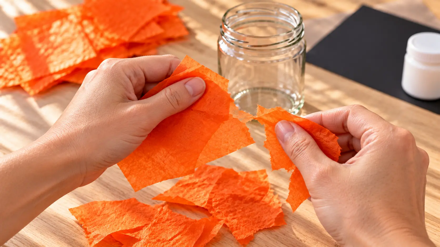Morceaux de papier de soie orange préparés près du bocal