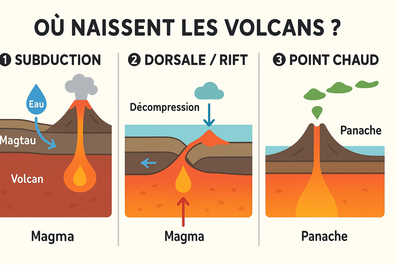 Coupe simplifiée d'un volcan : chambre magmatique, cheminée, cratère, lave et cendres