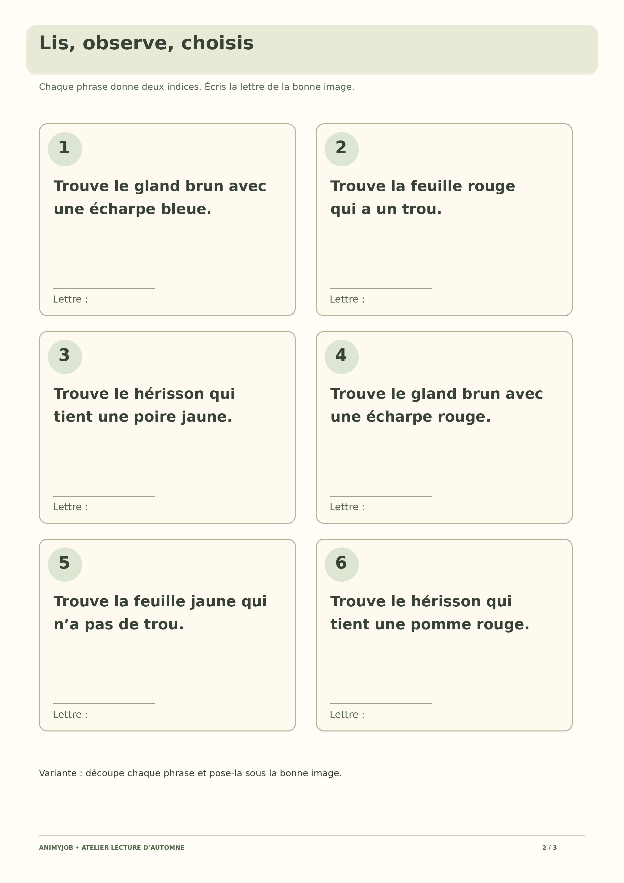 Six courtes consignes d’automne à deux indices avec lignes pour noter les lettres