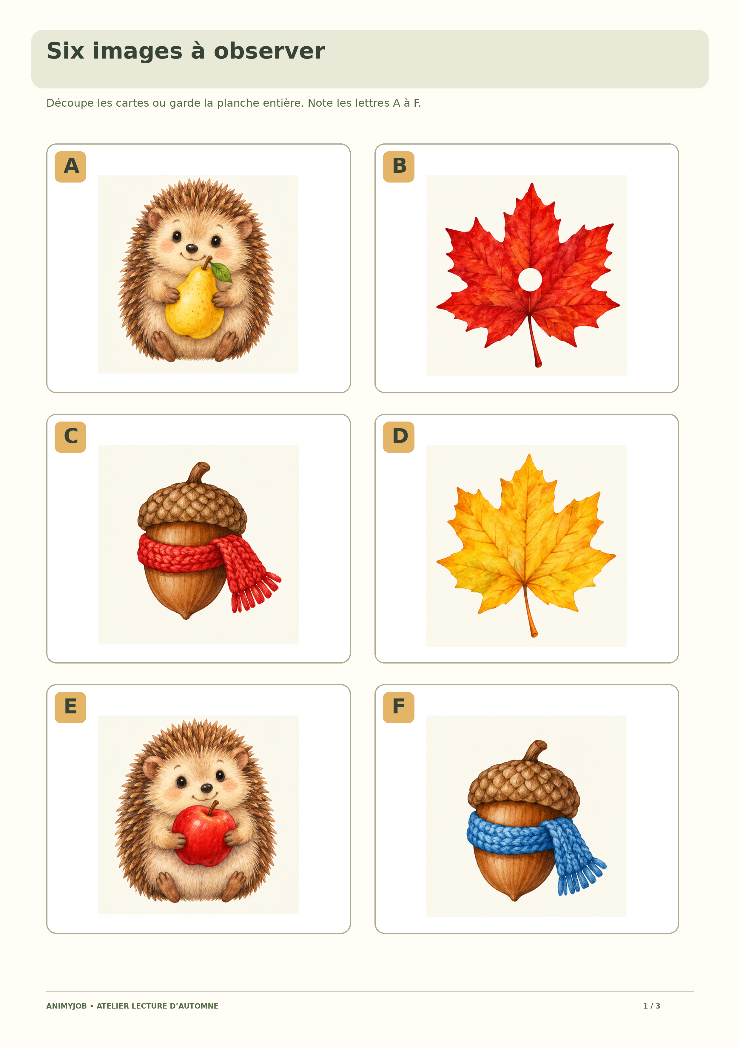 Six images d’automne repérées A à F : feuilles, glands et hérissons à comparer