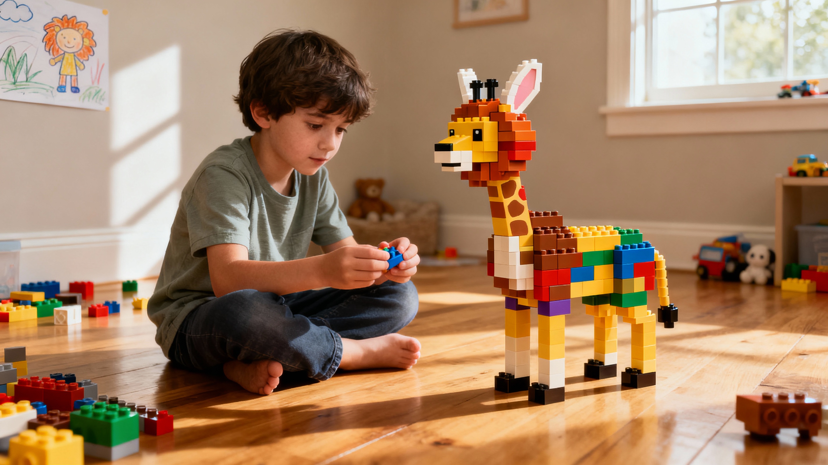 Enfant construisant un animal imaginaire en LEGO façon girafe colorée