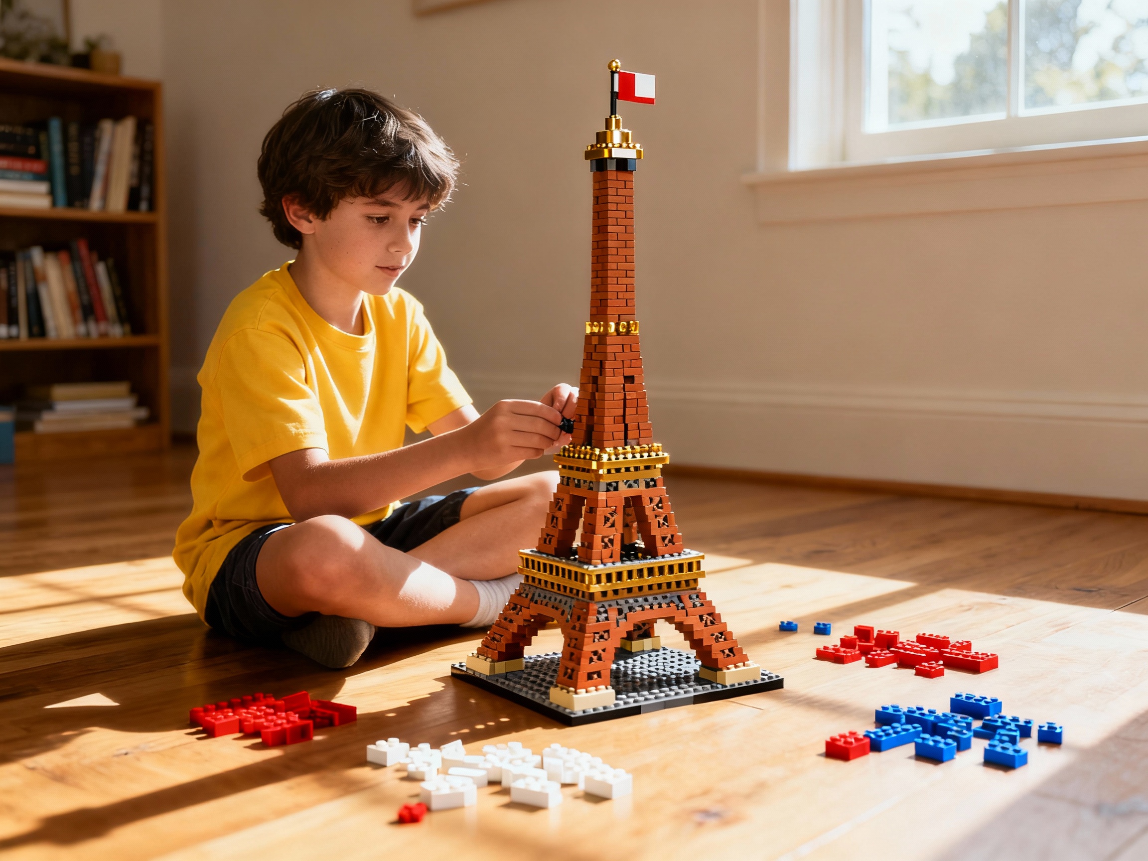 Enfant construisant une Tour Eiffel en briques LEGO