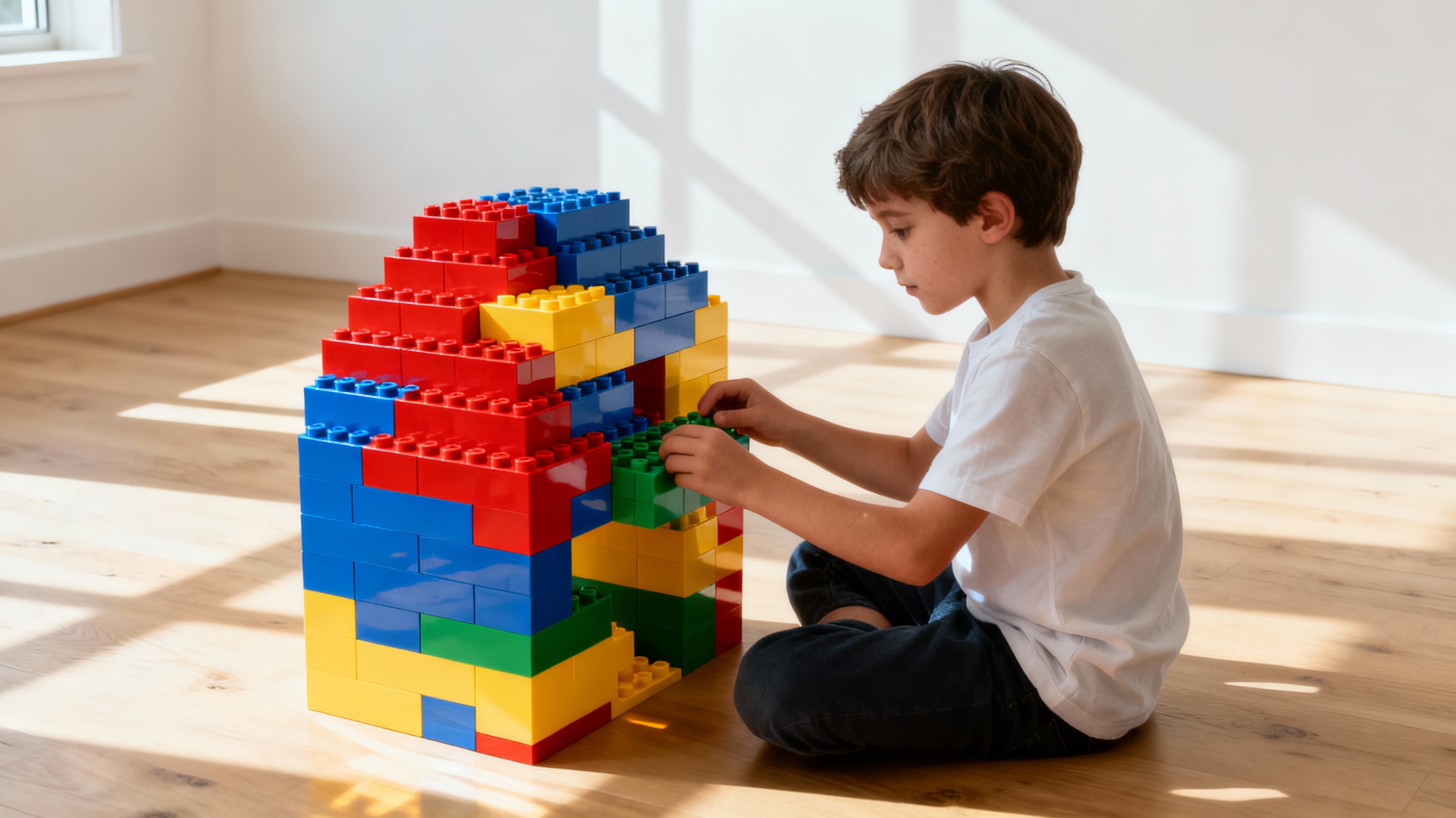 Enfant construisant une tour LEGO géante multicolore dans un salon lumineux