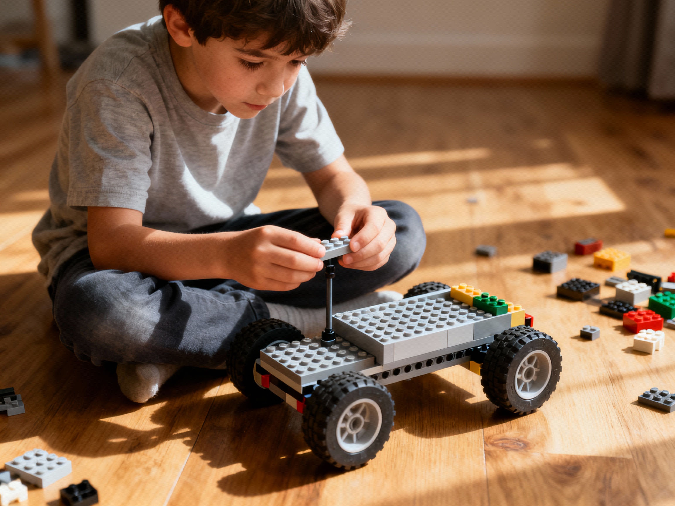 Voiture LEGO en construction avec grandes roues pour un test de rampe