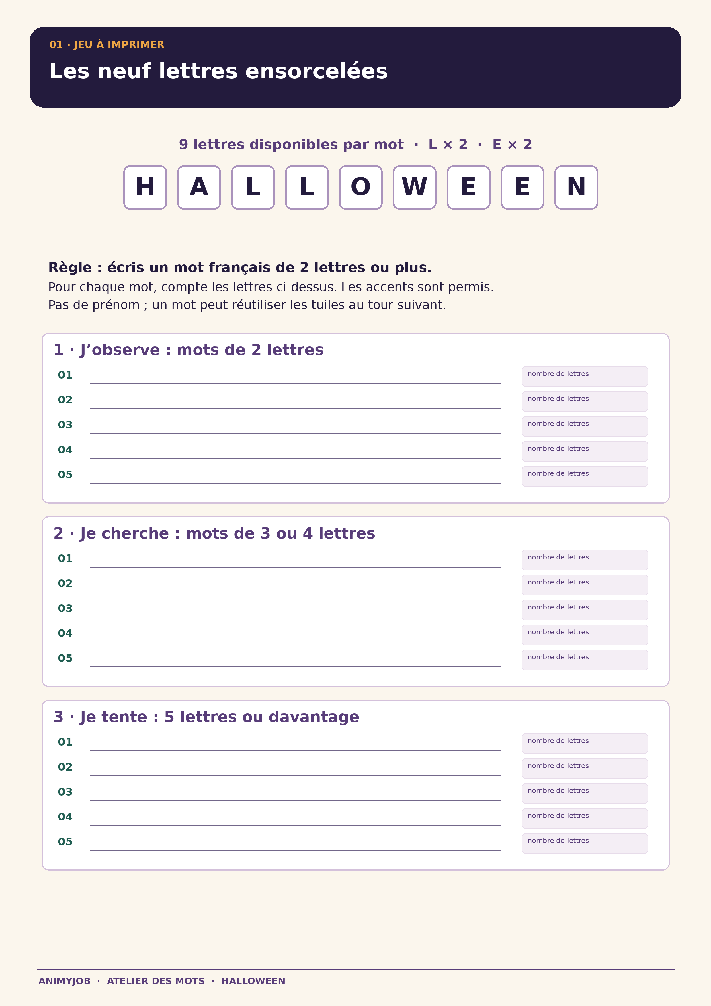 Plateau A4 du jeu des neuf lettres HALLOWEEN, avec cases de lettres et lignes pour écrire les mots