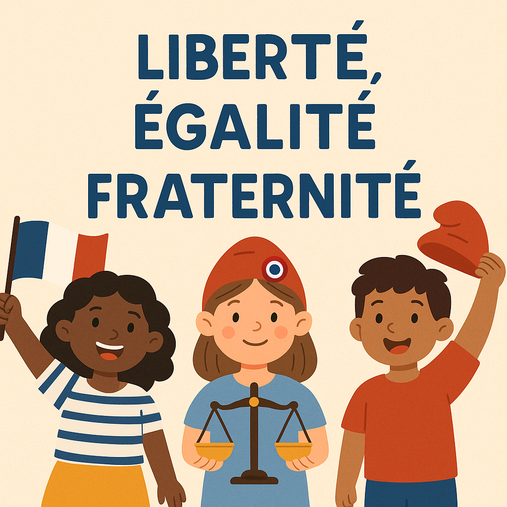 Enfants avec drapeau, balance de justice et bonnet phrygien sous la devise Liberté Égalité Fraternité