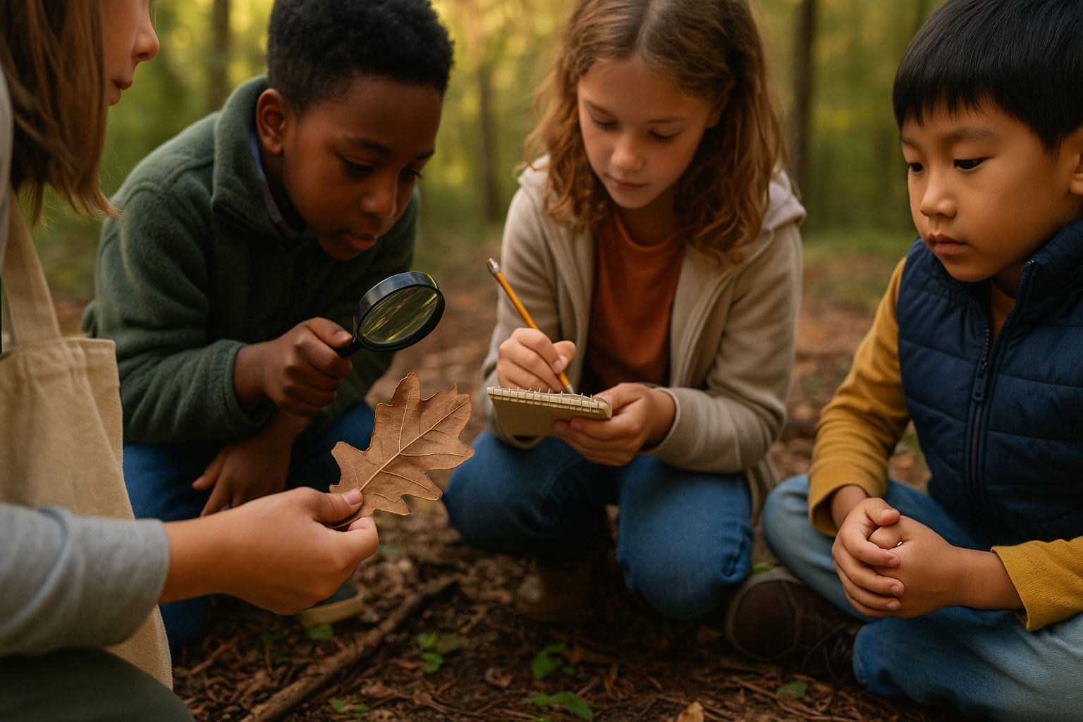 Bingo / Photo-mystère : la checklist Enfants cochant une liste de chasse aux objets sur un clipboard dans un parc