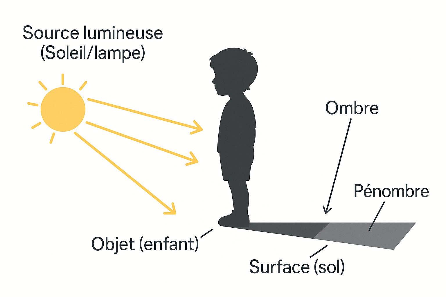 Schéma simple : source lumineuse, objet, ombre et pénombre