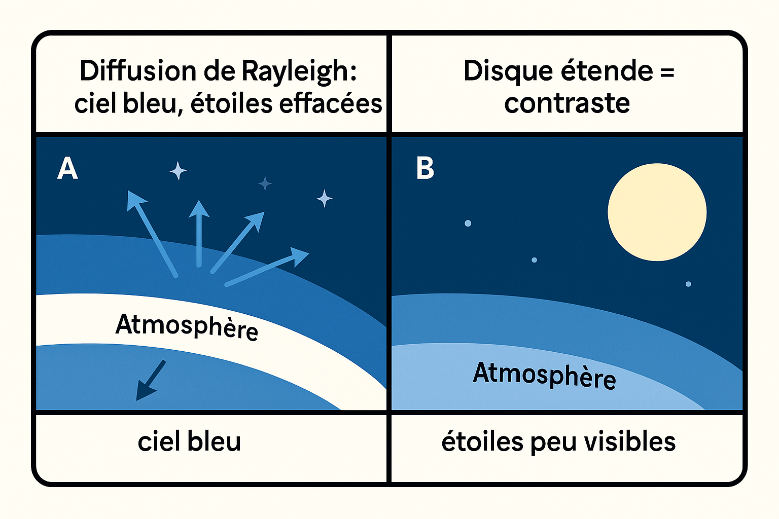 Infographie : la diffusion de Rayleigh éclaircit le ciel et masque les étoiles, mais le disque étendu de la Lune reste visible par contraste.