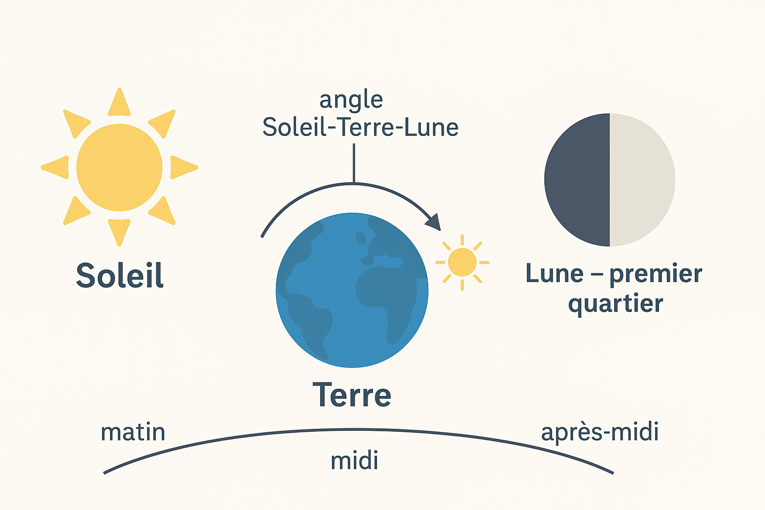 Schéma Soleil–Terre–Lune montrant le premier quartier et l’angle qui rend la Lune visible l’après-midi.