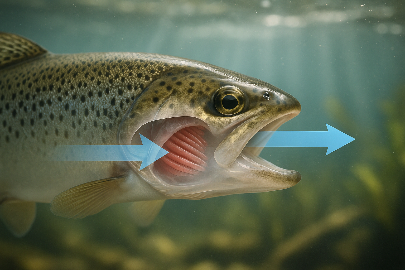Macro ultra réaliste des lamelles branchiales d'un poisson, montrant la grande surface d'échange