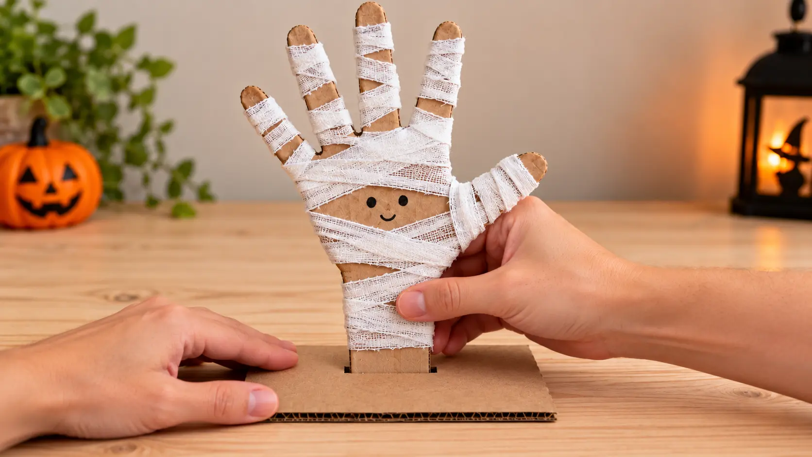 Installer et stabiliser pour fabriquer Main de momie Halloween en carton et gaze : une décoration à poser