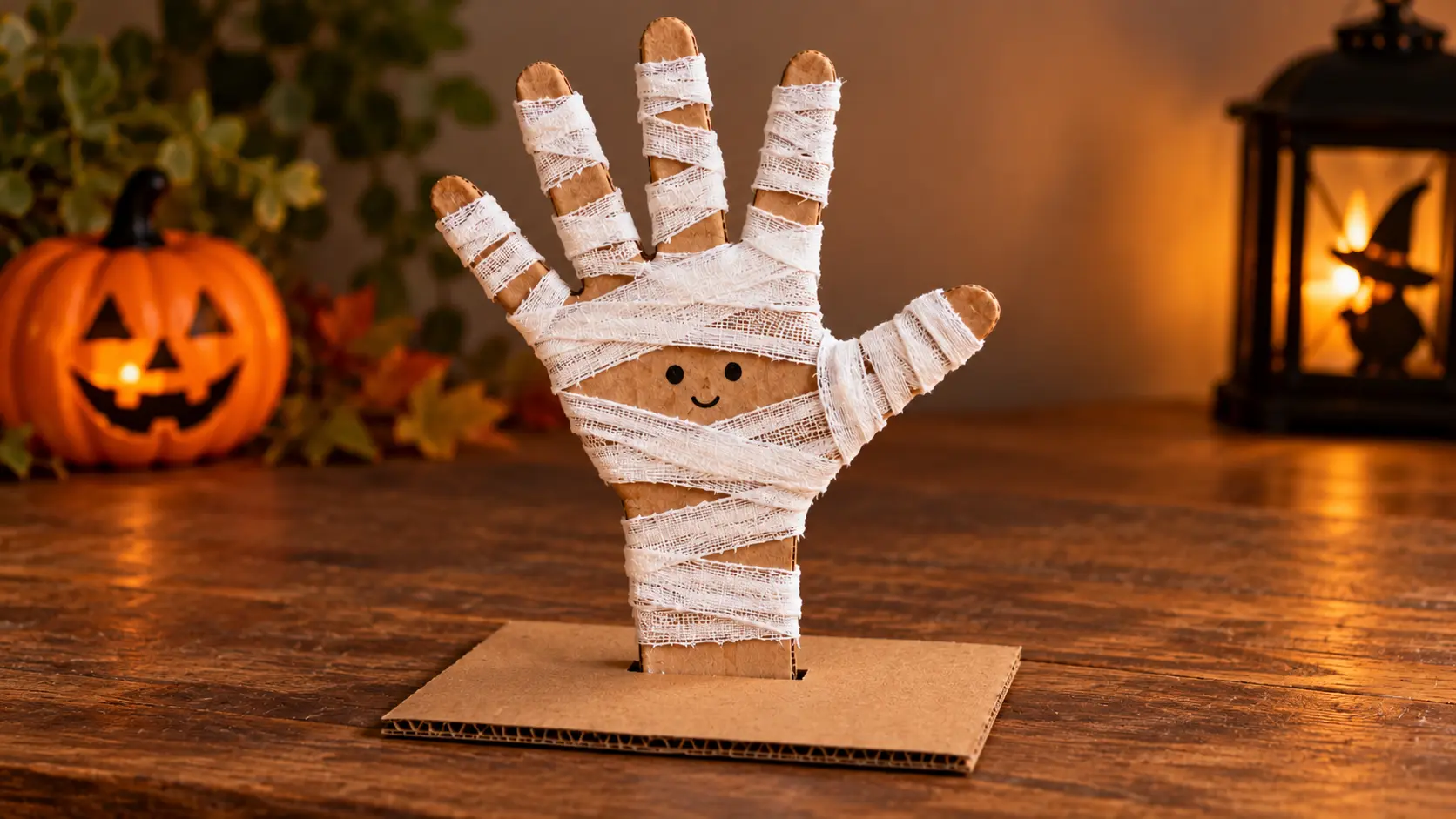Main de momie en carton et gaze, cinq doigts continus, visage et socle fendu