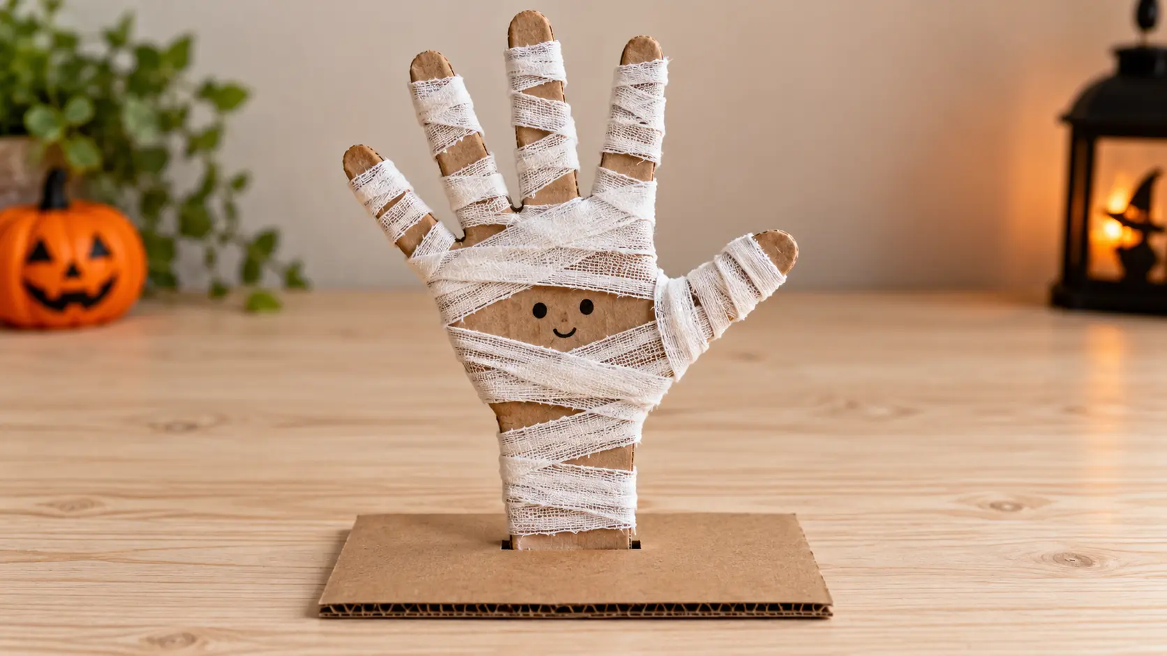 Main de momie Halloween en carton et gaze : tutoriel