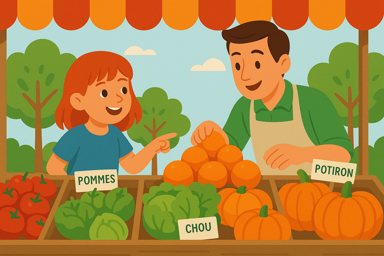 Scène au marché : enfant qui échange avec un vendeur de fruits et légumes