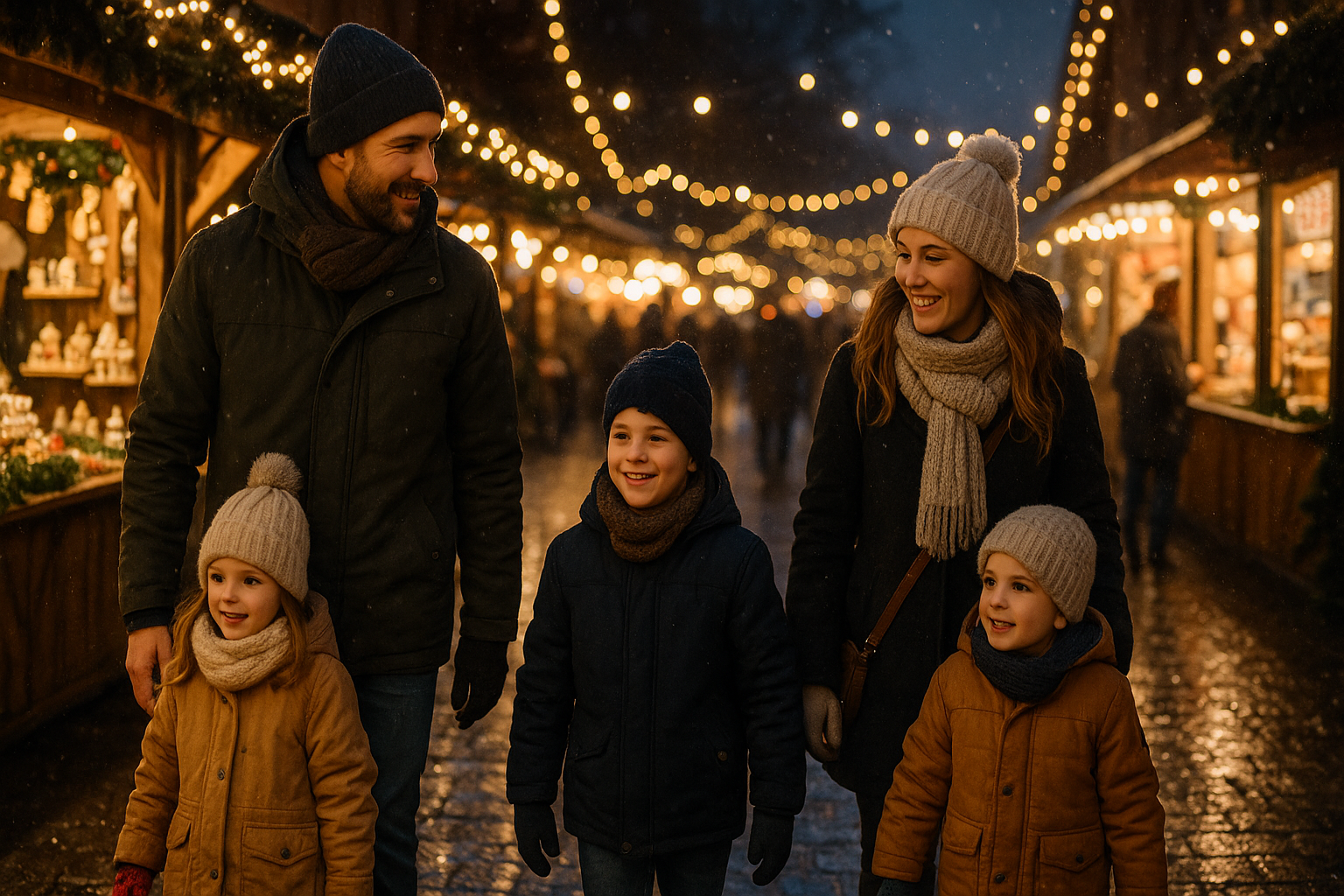 Famille se promenant dans un marché de Noël illuminé en soirée