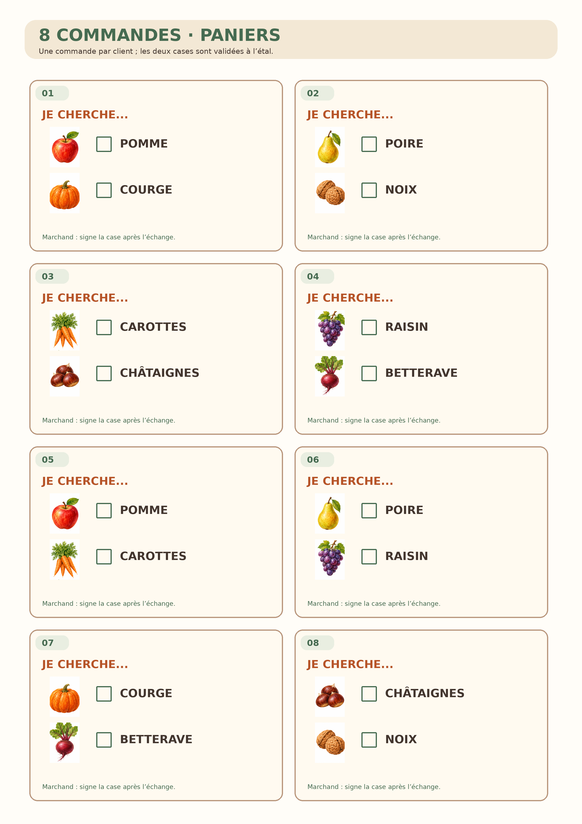 Huit commandes illustrées comportant chacune deux produits et deux cases de validation