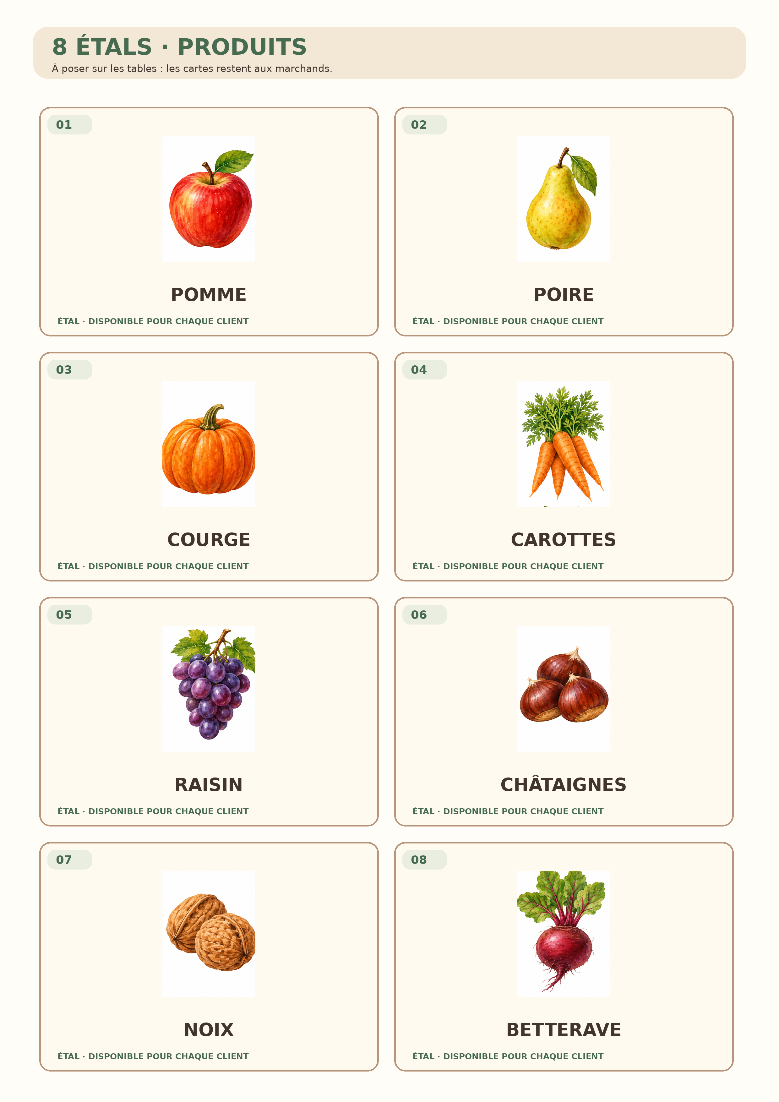 Huit enseignes de récoltes illustrées pour les étals du marché d’automne