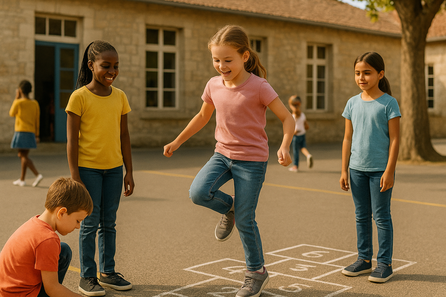 Enfants jouant ensemble à plusieurs jeux de cour traditionnels
