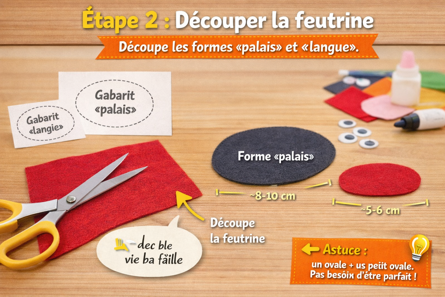 Étape 2 : découper la feutrine (palais + langue)