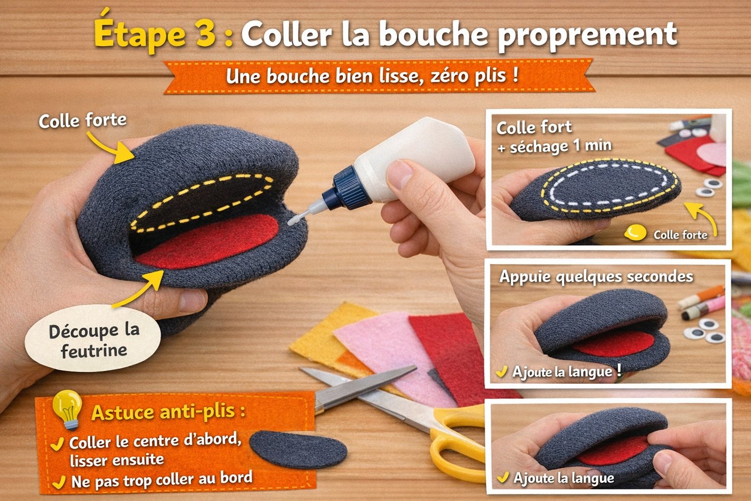 Étape 3 : coller la bouche proprement (sans plis)