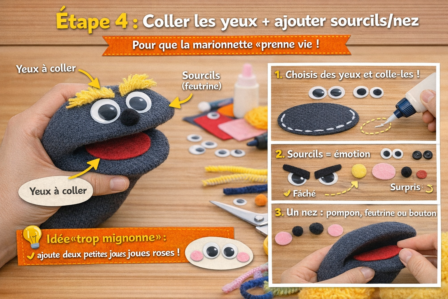 Étape 4 : coller les yeux + ajouter sourcils/nez