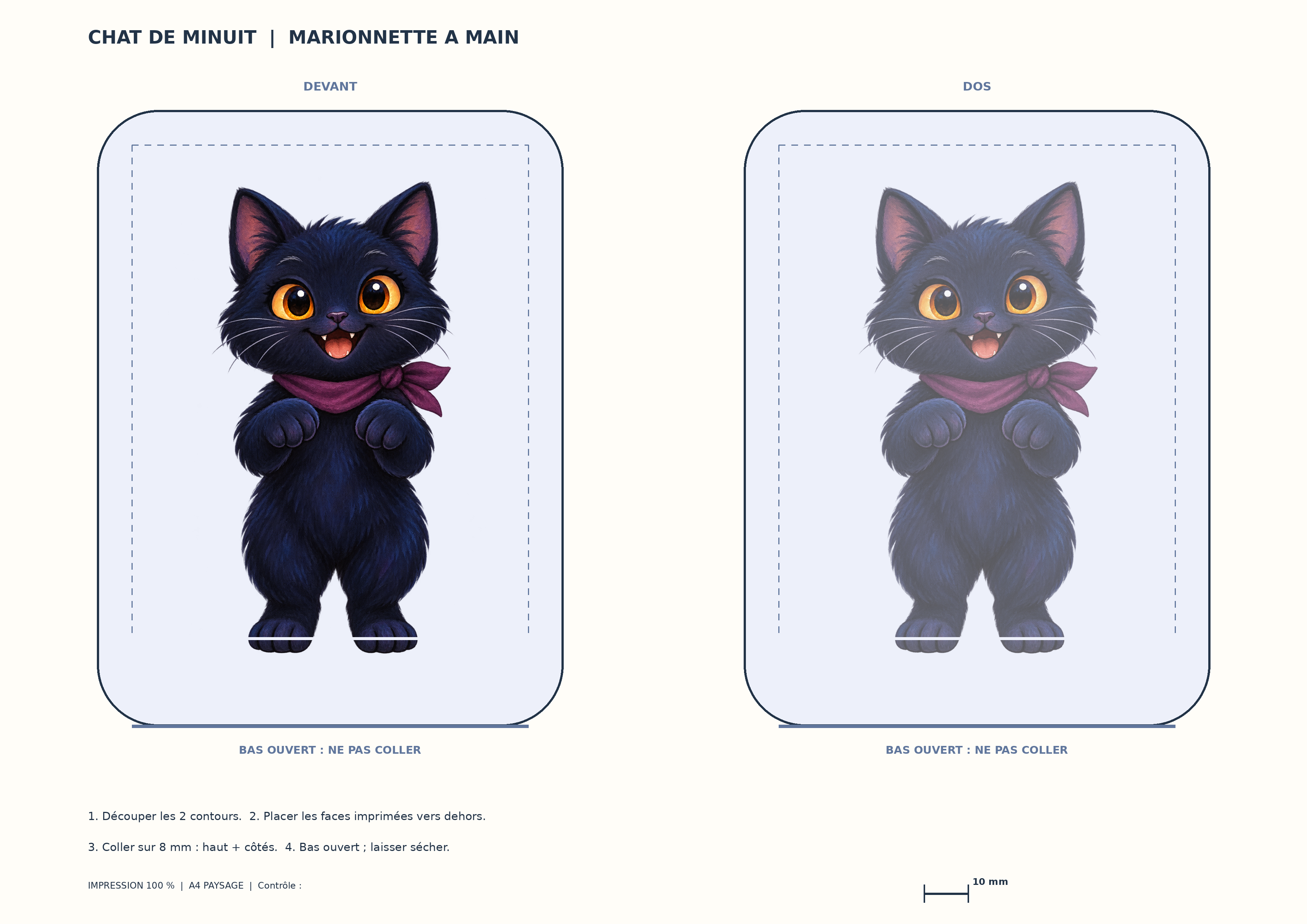Patron A4 paysage de marionnette à main Halloween : deux faces à découper pour le chat de minuit