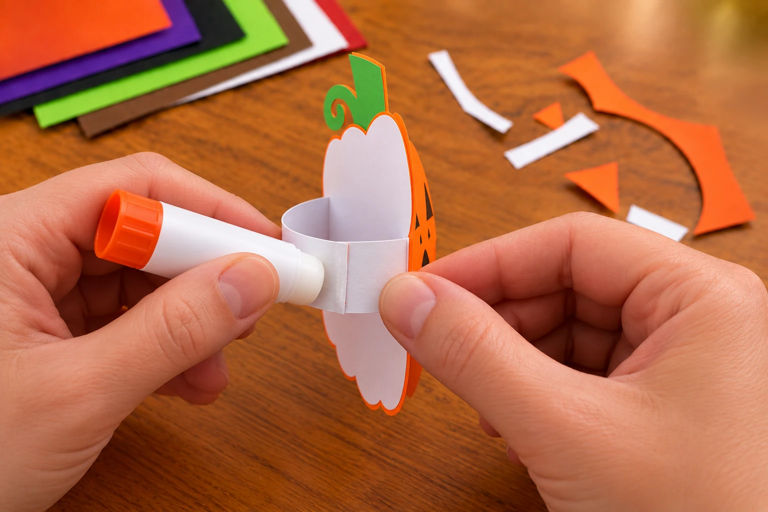 Anneau de papier collé derrière la marionnette citrouille