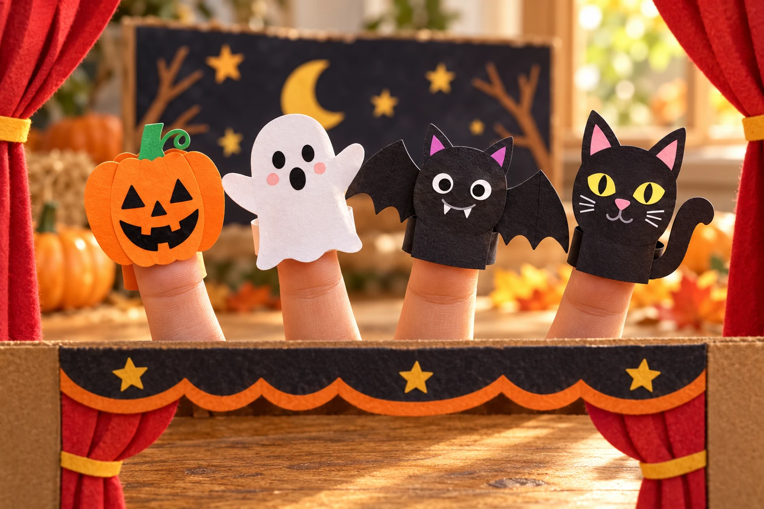 Quatre marionnettes Halloween terminées et prêtes à jouer