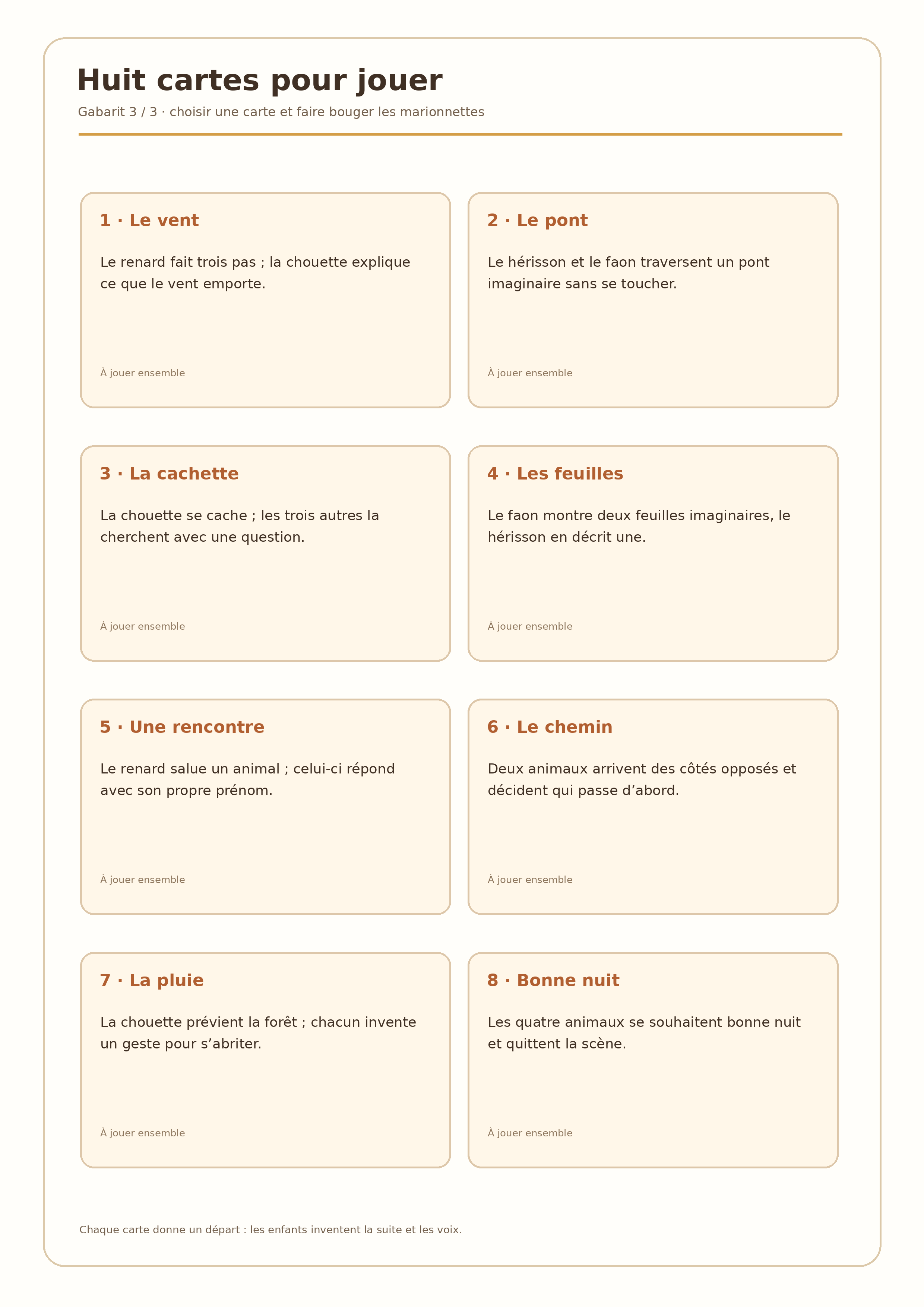 Huit cartes de scène pour faire jouer les marionnettes d’animaux de forêt : vent, pont, cachette, feuilles, rencontre, chemin, pluie et bonne nuit