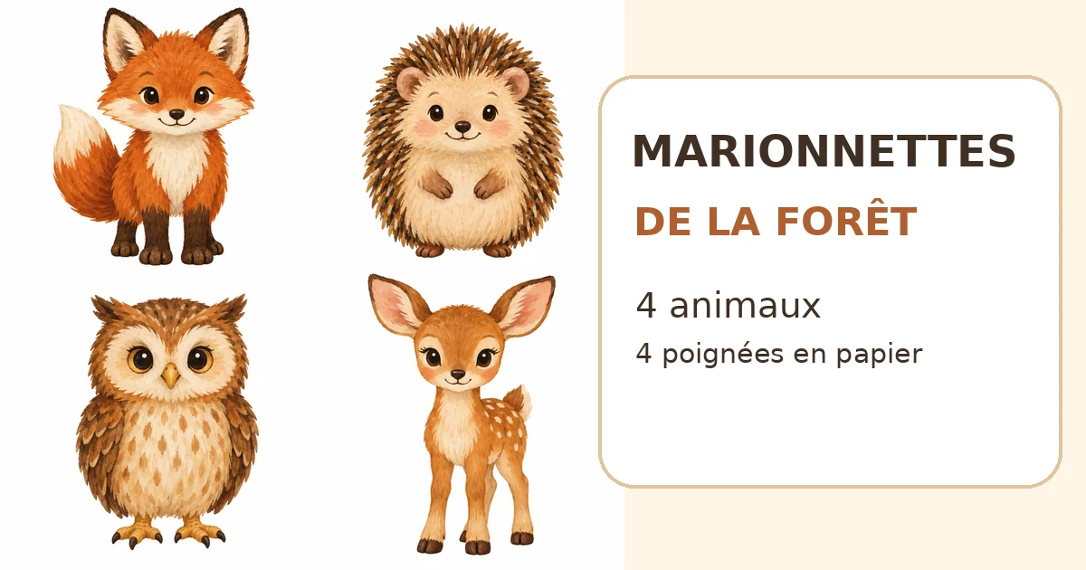 Marionnettes de forêt à imprimer : 4 animaux, 8 cartes de jeu