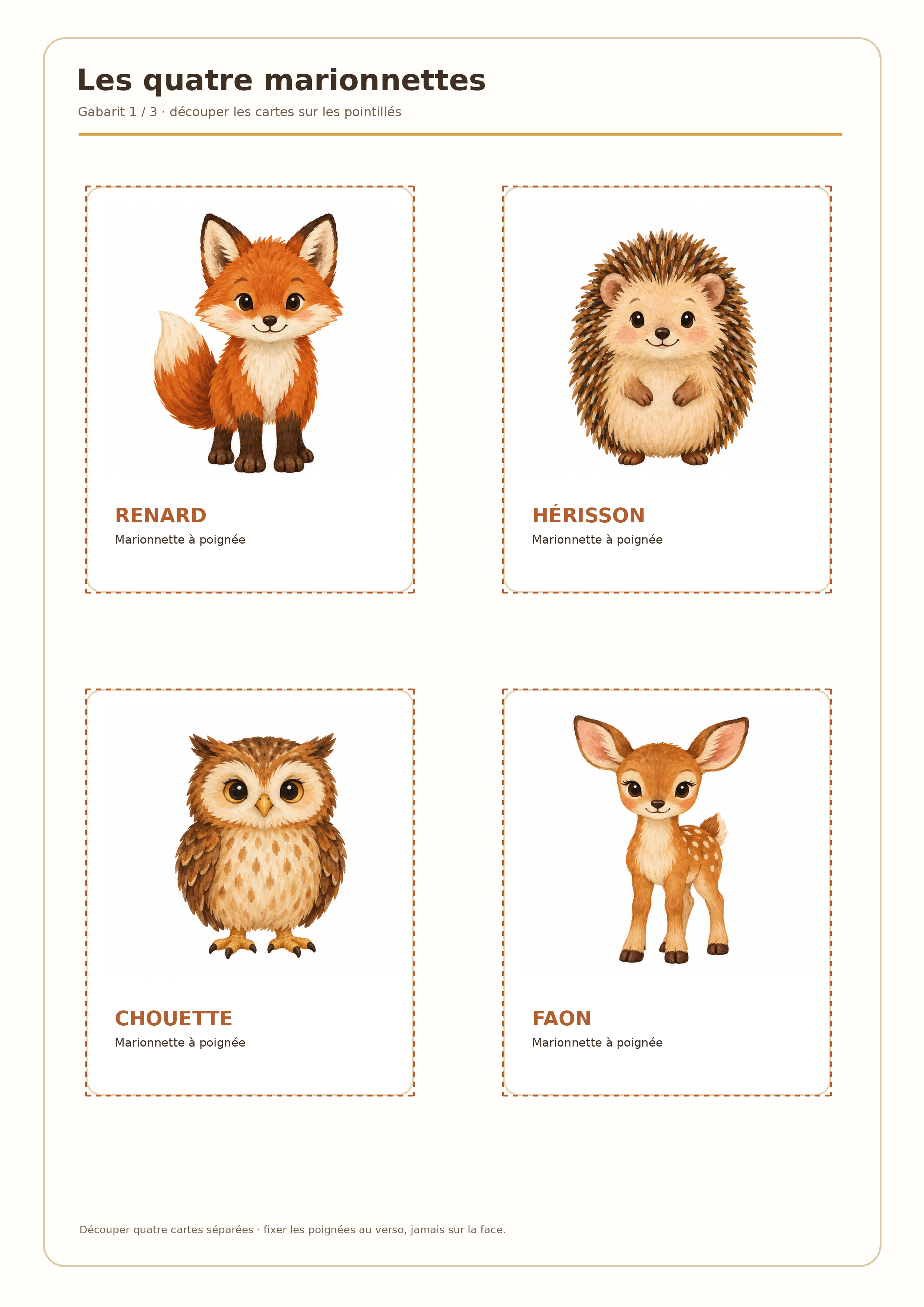 Feuille A4 de quatre cartes marionnettes d’automne : renard, hérisson, chouette et faon, à découper le long des pointillés