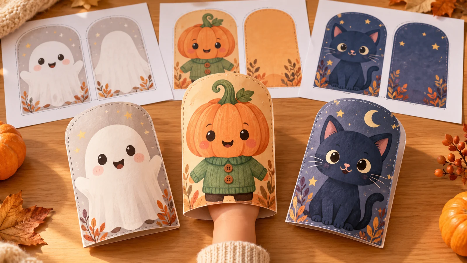 Marionnettes à main Halloween en papier : 3 patrons à imprimer