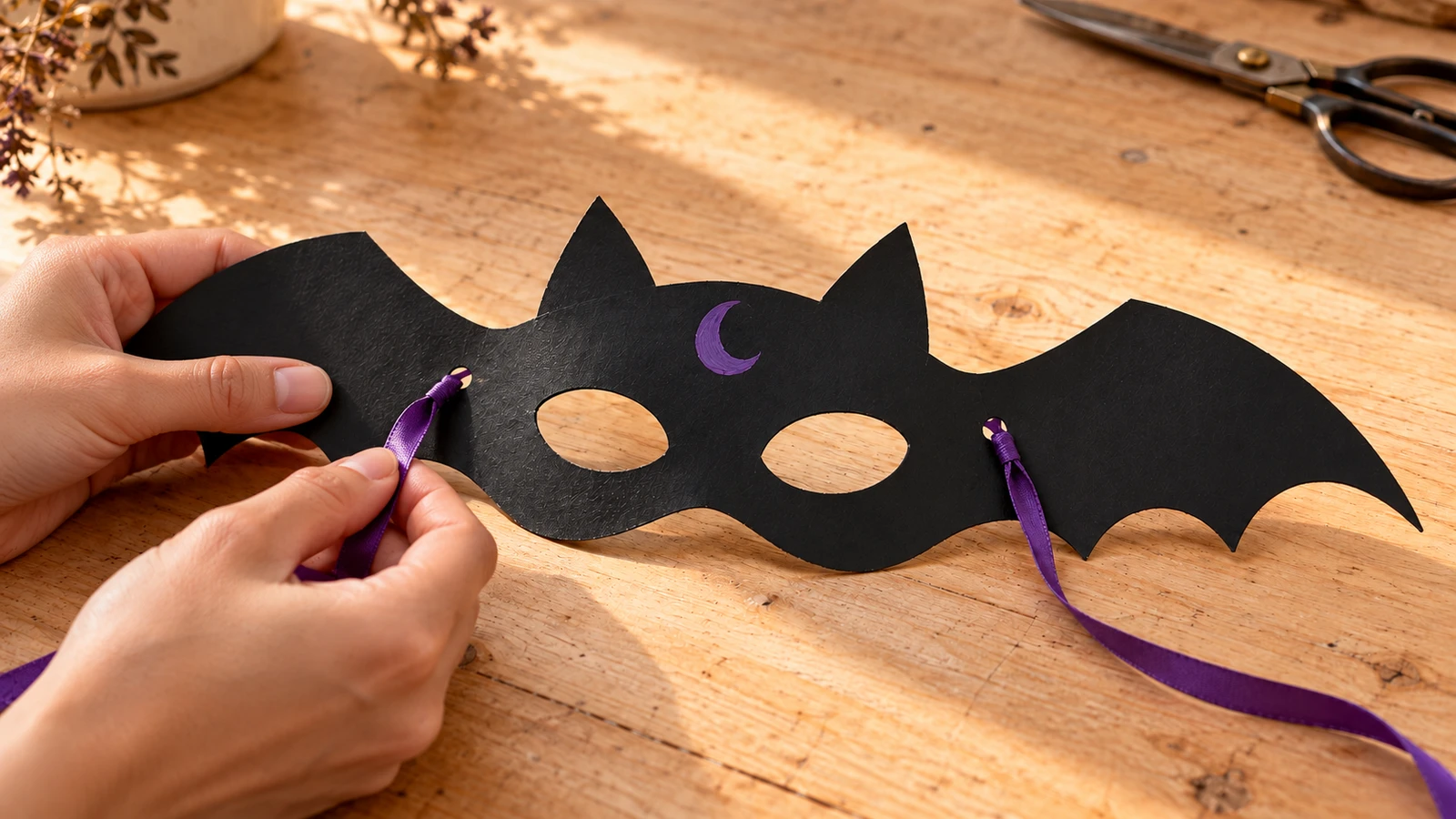 Masque chauve-souris avec rubans attachés aux ailes et petit motif violet central